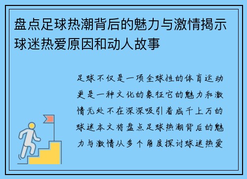 盘点足球热潮背后的魅力与激情揭示球迷热爱原因和动人故事